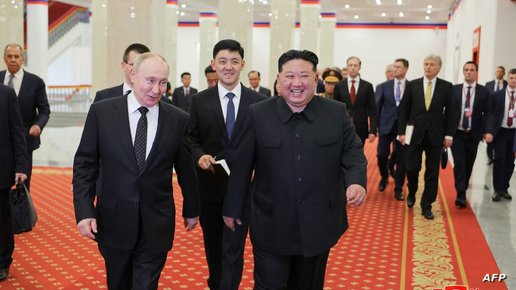 This picture taken on June 19, 2024 and released on June 20, 2024 from North Korea's official Korean Central News Agency (KCNA) via KNS shows North Korea's leader Kim Jong Un (front R) and Russia's President Vladimir Putin (front L) speaking after watching the welcome performance at the Pyongyang Gymnasium in Pyongyang. (Photo by KCNA VIA KNS / AFP) / South Korea OUT / ---EDITORS NOTE--- RESTRICTED TO EDITORIAL USE - MANDATORY CREDIT "AFP PHOTO/KCNA VIA KNS" - NO MARKETING NO ADVERTISING CAMPAIGNS - DISTRIBUTED AS A SERVICE TO CLIENTS
THIS PICTURE WAS MADE AVAILABLE BY A THIRD PARTY. AFP CAN NOT INDEPENDENTLY VERIFY THE AUTHENTICITY, LOCATION, DATE AND CONTENT OF THIS IMAGE. /